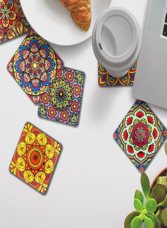 Ambiyaa Set of 6 Mandala 4 Inch Coasters with Holder | Unique Handmade Designs | Square with Holder | 10x10 cm - Image 4